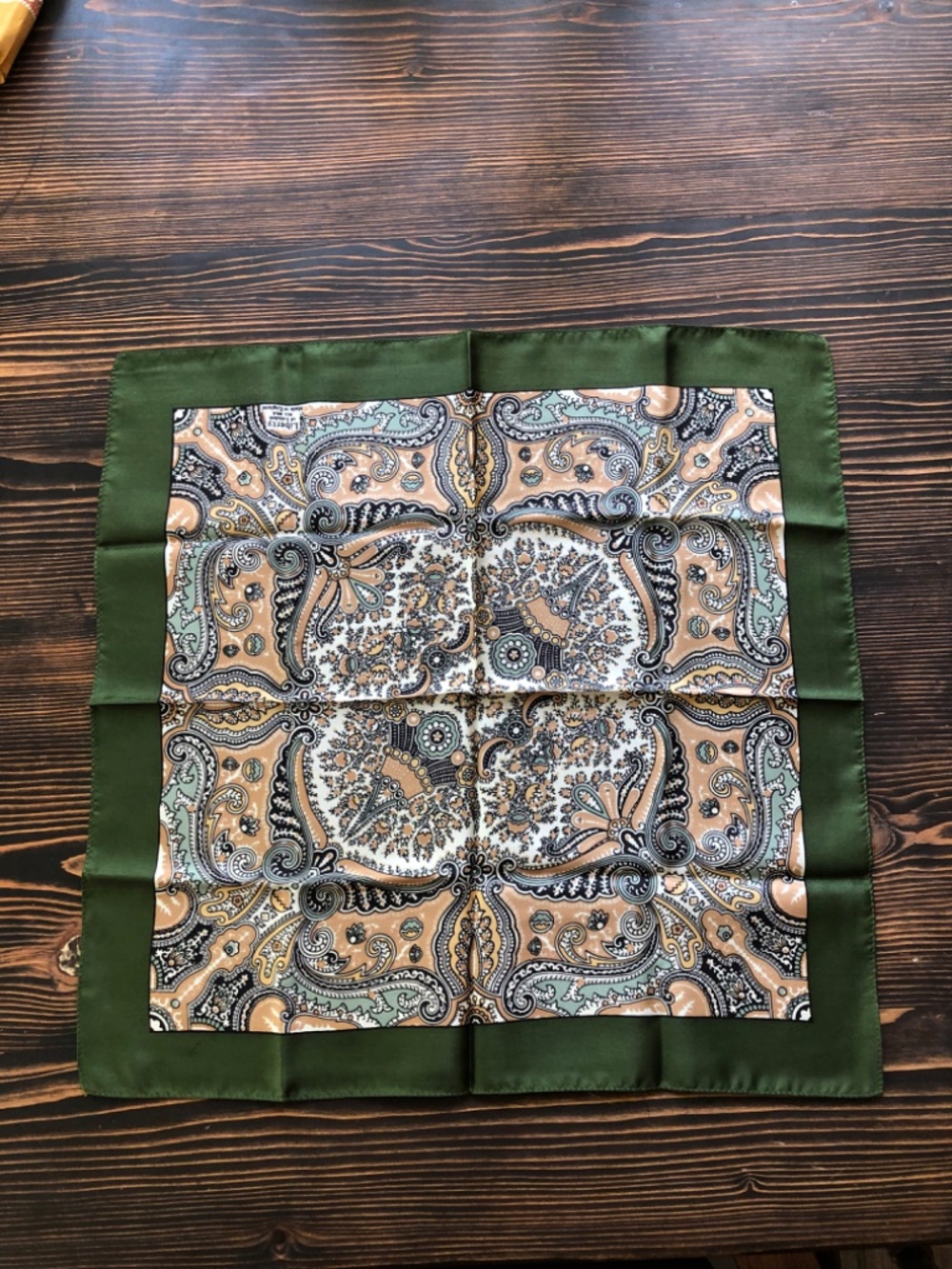 Green Cream Silk Scarf 17 Inches Square by London of Liberty - Picture 8 of 12